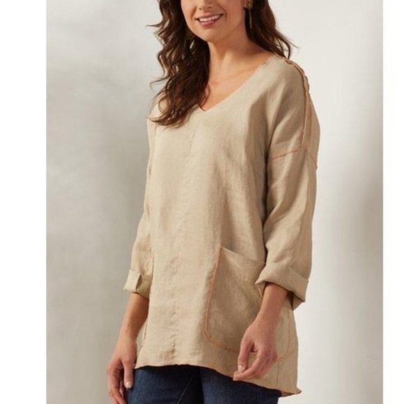 Soft‎ Surroundings 100% Linen Canberra Tunic in Flax Beige Orange Trim Pockets - Picture 1 of 11